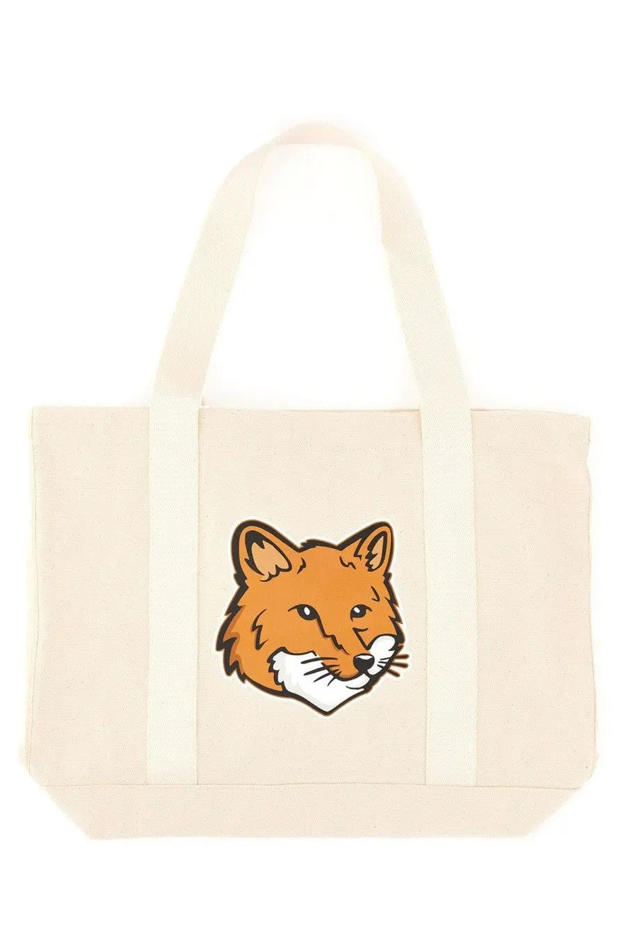 Cream-colored canvas tote bag with orange fox face print from Maison Kitsuné womens fox head print bag pink collection