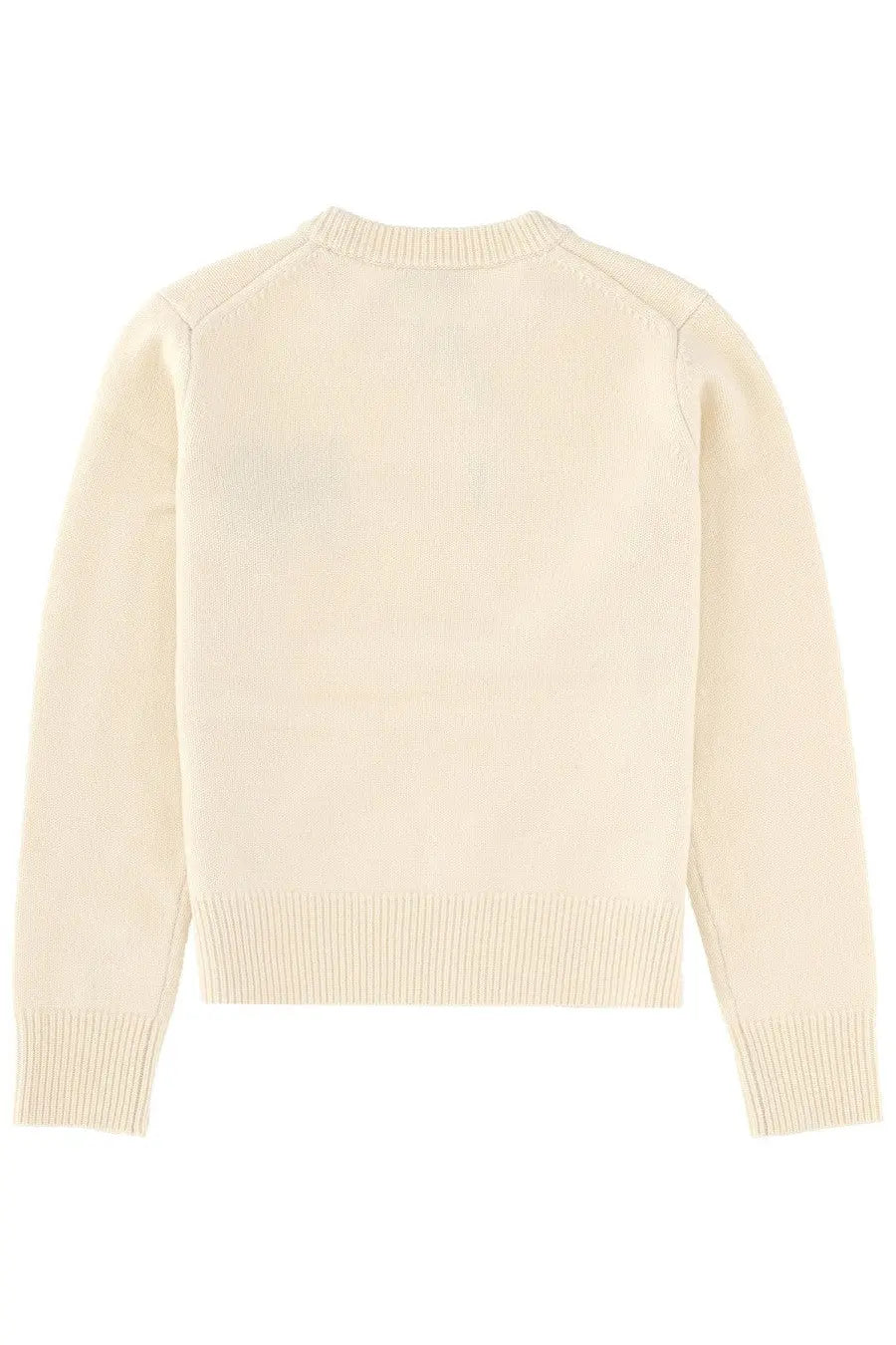 Maison Kitsuné women’s cream-colored knit sweater with ribbed cuffs and hem featuring a fox head design