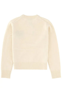 Maison Kitsuné women’s cream-colored knit sweater with ribbed cuffs and hem featuring a fox head design