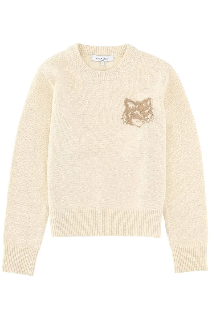 Maison Kitsuné women’s cream-colored knit sweater with tan fox face embroidered on left chest in pink style