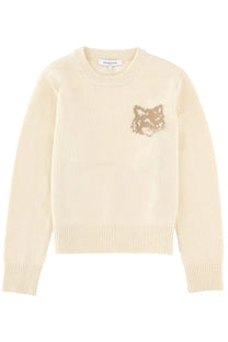 Maison Kitsuné women’s cream-colored knit sweater with tan fox face embroidered on left chest in pink style