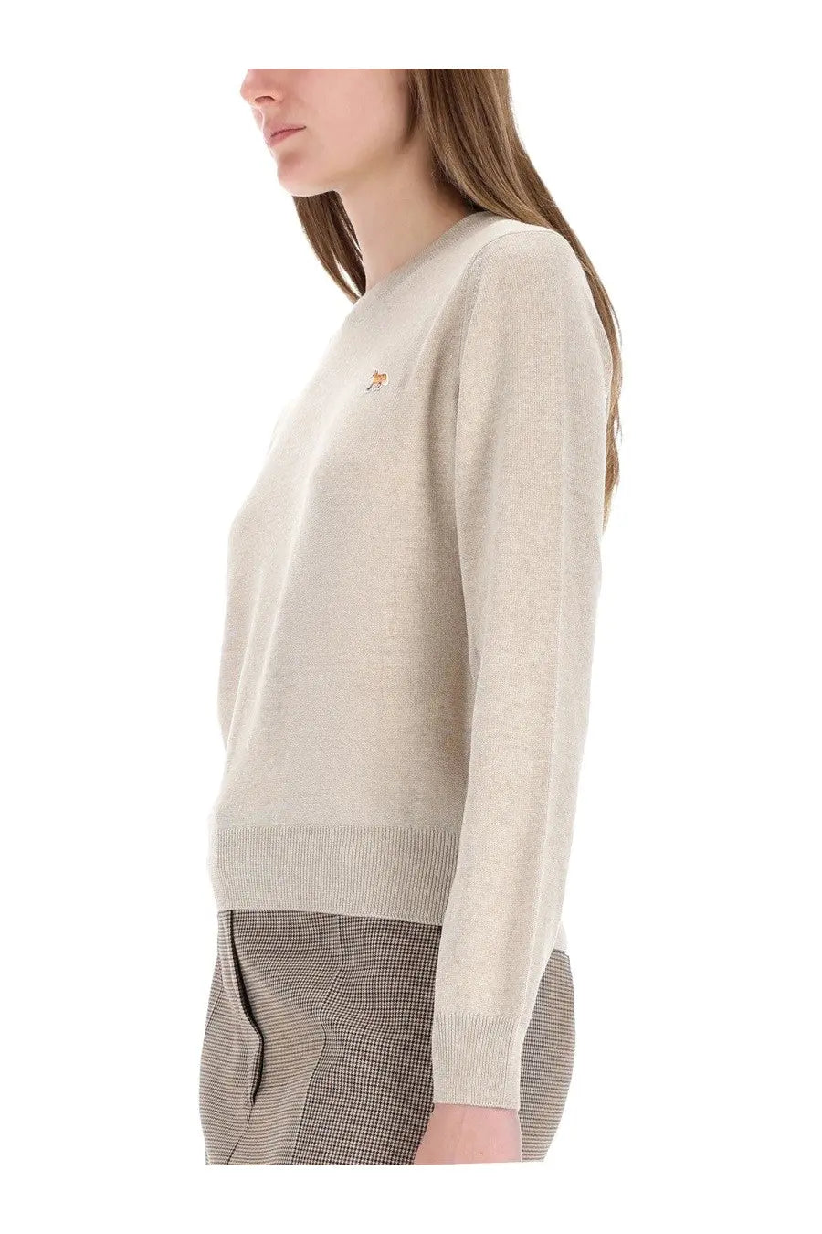 Maison Kitsuné women’s beige knit sweater made of maglia fabric with embroidered baby fox logo on left chest