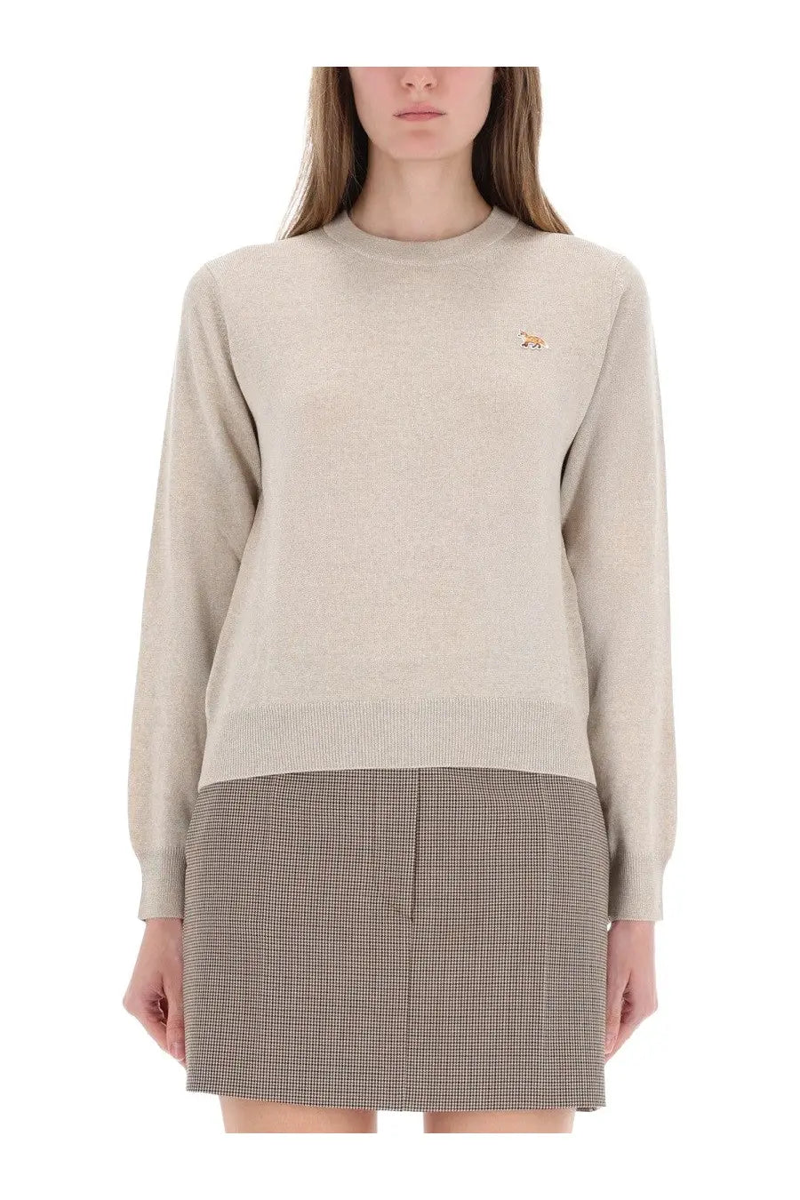 Maison kitsuné women’s beige knit sweater with small embroidered fox logo on left chest in maglia baby fox design