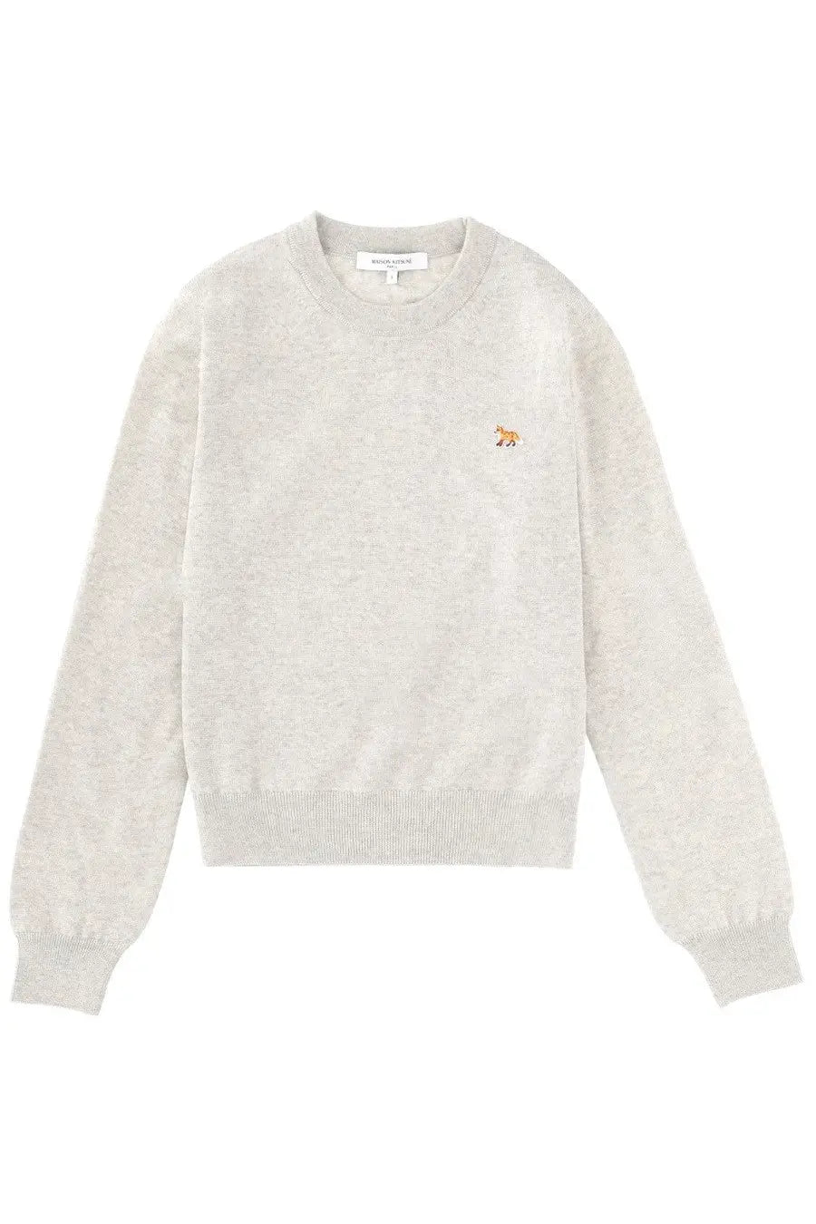 Maison kitsuné women’s maglia baby fox grey soft heathered crewneck sweater with small embroidered tiger patch