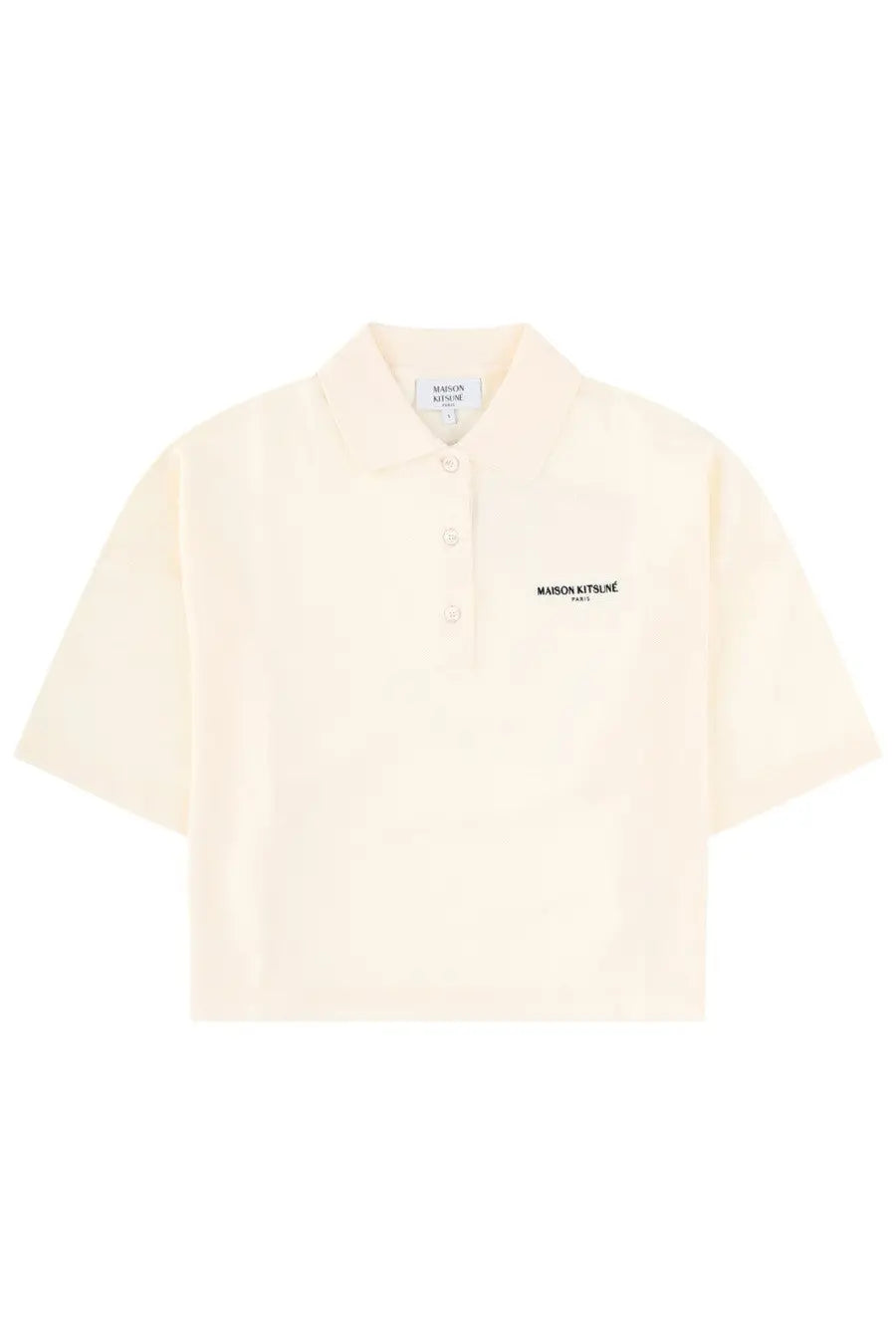 Cream-colored short-sleeved Maison Kitsuné women’s polo shirt with subtle embroidered logo on the chest