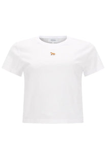 Maison Kitsuné women’s white cropped t-shirt with small embroidered fox logo on chest in cotton material