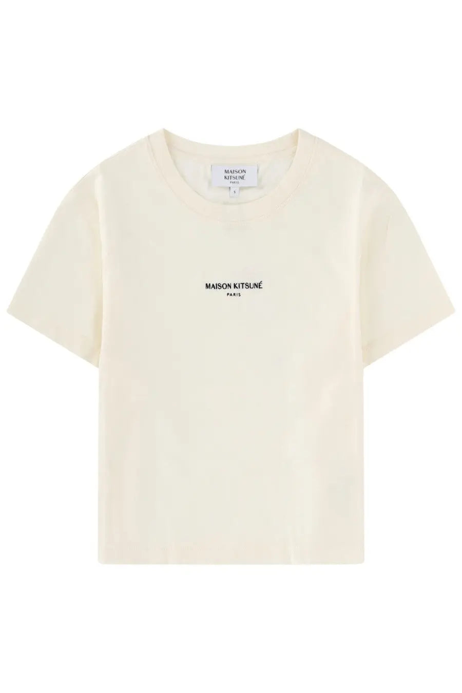 Cream-colored maison kitsuné paris t-shirt with minimalist black text logo on the chest for women