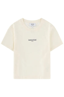 Cream-colored maison kitsuné paris t-shirt with minimalist black text logo on the chest for women