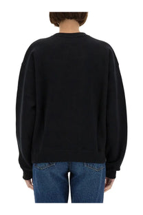 Maison Kitsuné women’s black oversized crewneck sweatshirt with relaxed fit and ribbed cuffs featuring Speedy Fox patch