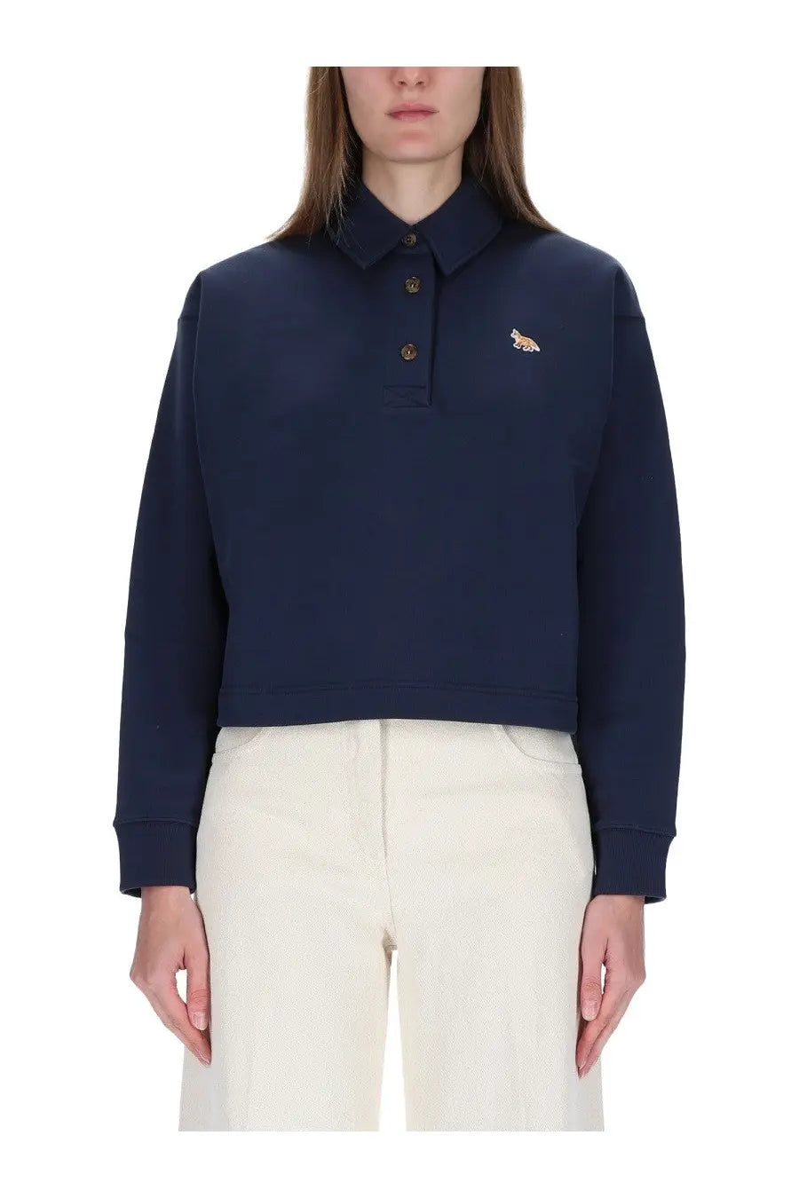 Navy blue Maison Kitsuné women’s cropped polo shirt with embroidered fox logo and gold-toned buttons on the left chest