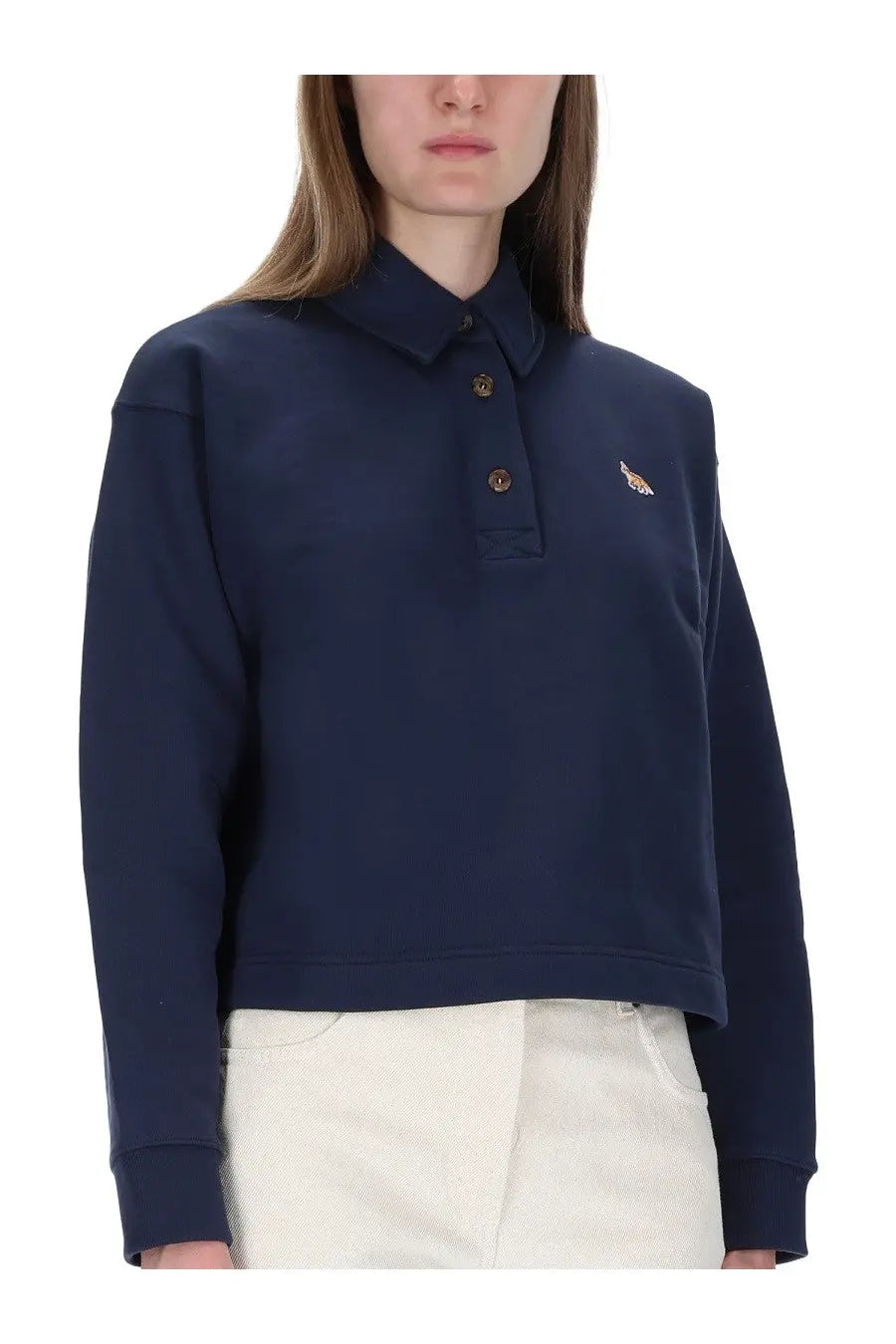 Navy blue cropped polo shirt with small embroidered logo on left chest from Maison Kitsuné women’s sweatshirt fox blue collection