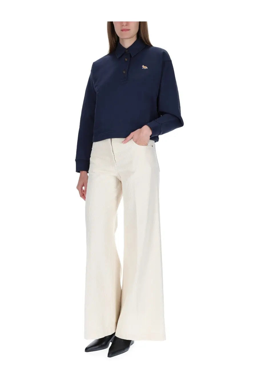Maison Kitsuné women’s navy blue long-sleeved polo shirt with small embroidered fox logo on the left chest