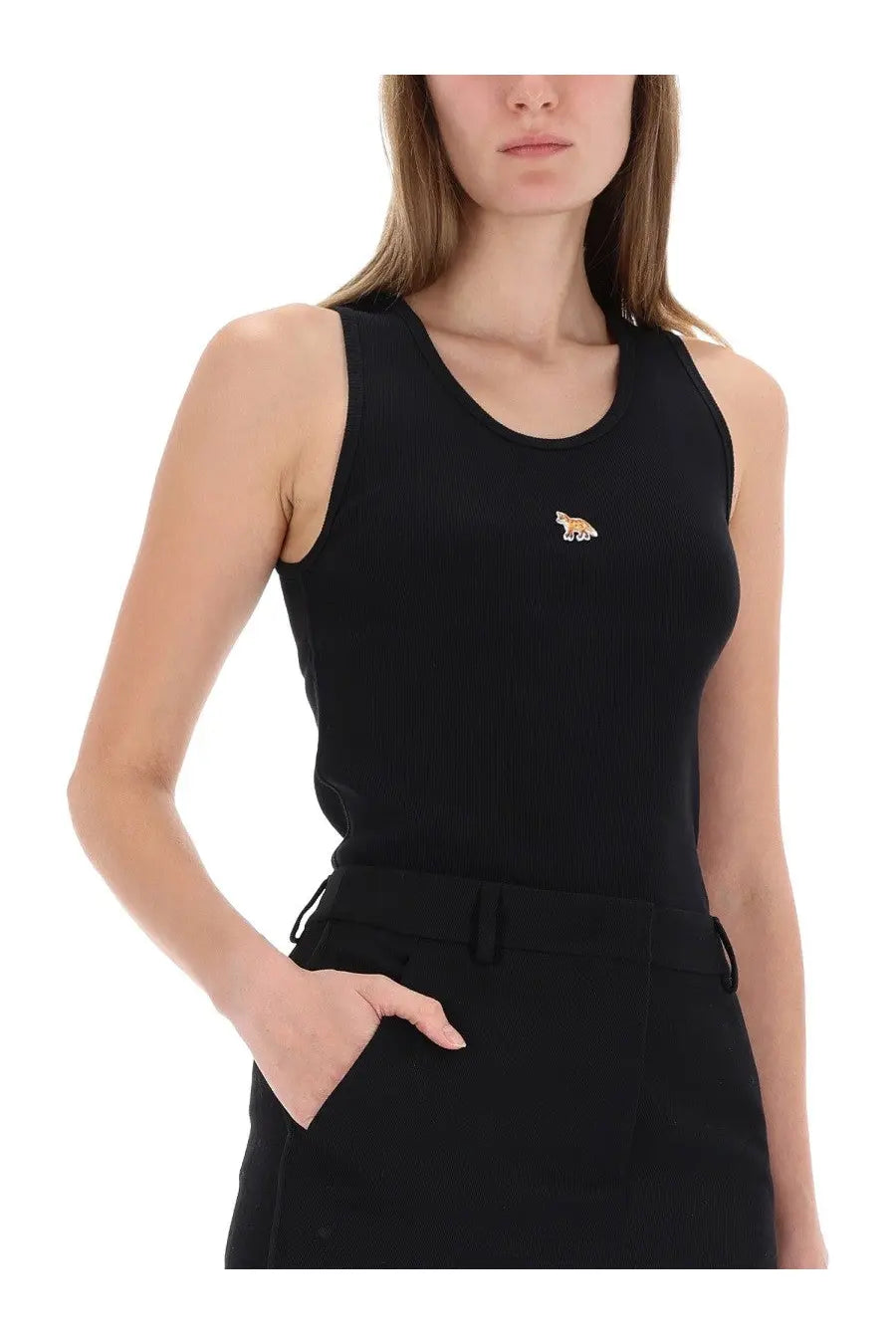 Maison Kitsuné women’s black sleeveless knit top with small embroidered fox logo on the chest
