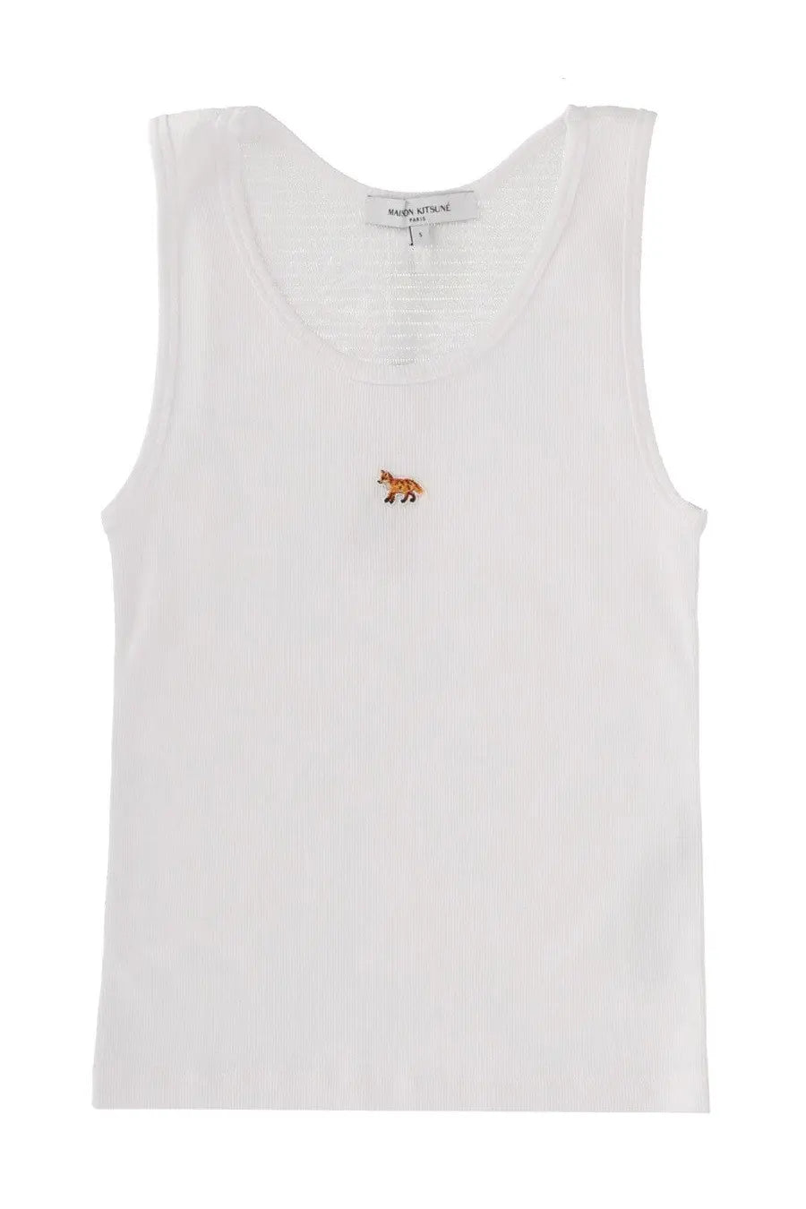 Maison Kitsuné women’s white sleeveless top with small embroidered fox detail on the chest