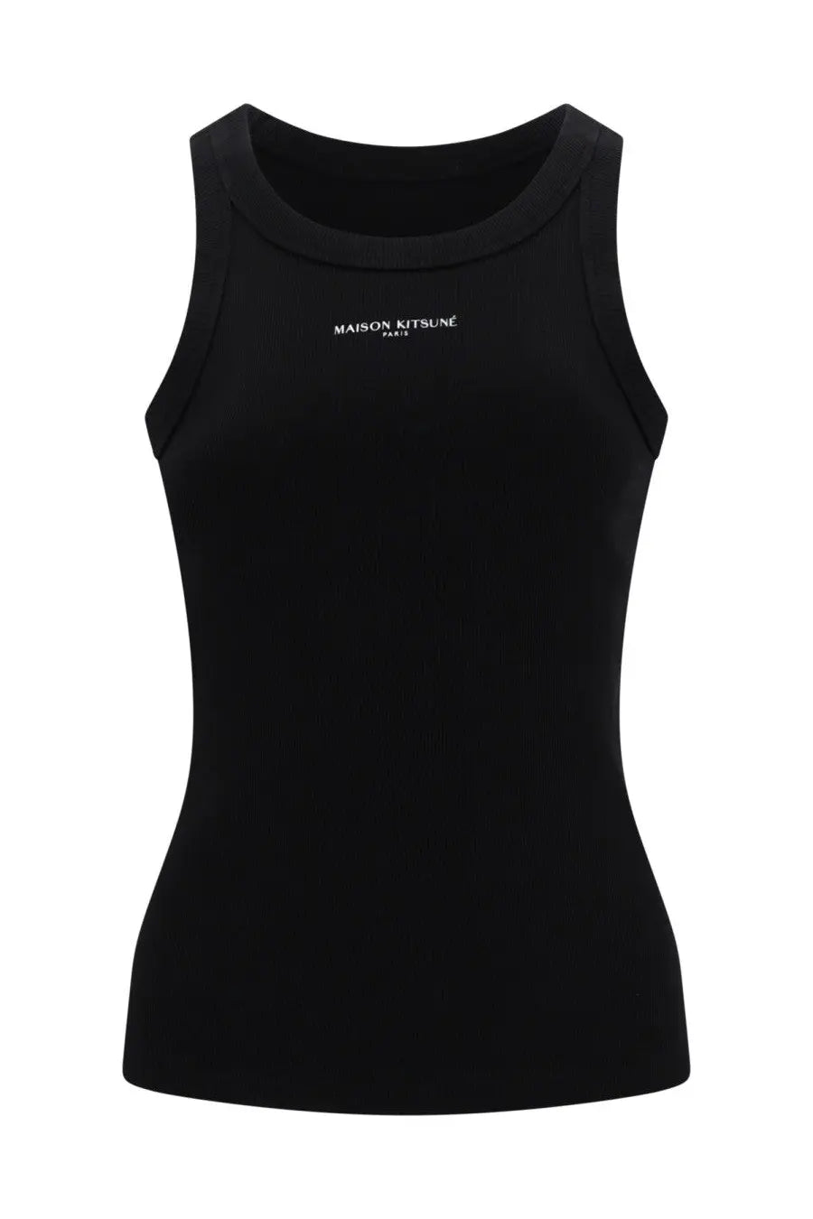 Maison kitsuné women’s black cotton tank top with a subtle white embroidered logo across the chest