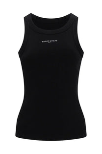 Maison kitsuné women’s black cotton tank top with a subtle white embroidered logo across the chest