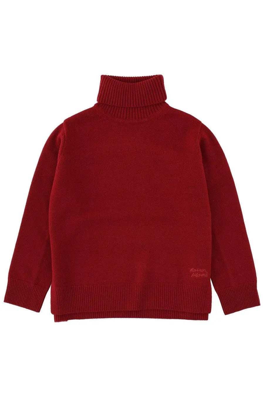 Maison Kitsuné women’s turtleneck sweater in rich red with ribbed knit texture and subtle brand embroidery detail