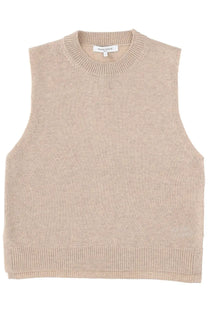 Maison Kitsuné women’s beige wool vest sleeveless sweater with ribbed neckline hem and soft textured fabric