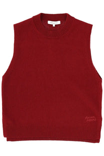 Maison Kitsuné women’s red wool vest knit sleeveless sweater with ribbed crew neckline and subtle embroidered branding