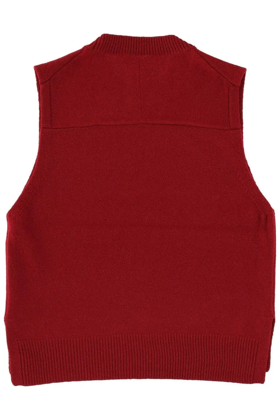 Maison Kitsuné women’s wool vest in rich red with a sleeveless knitted design and ribbed neckline and hem