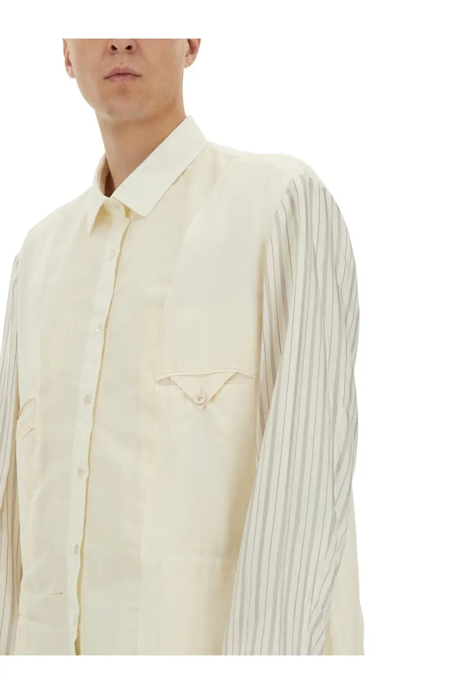Maison Margiela men’s anonymity of the lining jacket white cream button-up with subtle vertical striped sleeves and triangular pocket detail