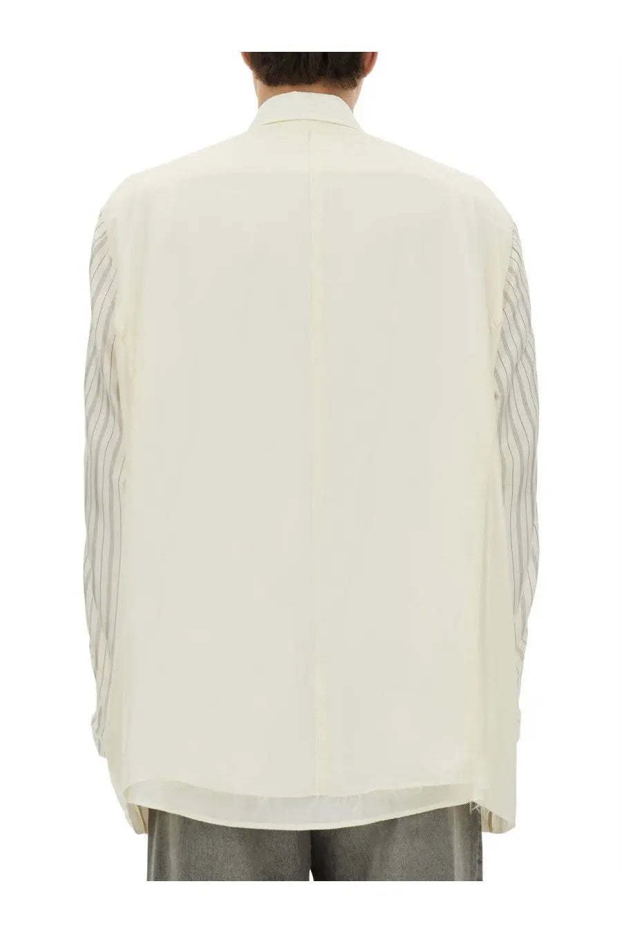 Maison Margiela men’s white anonymity of the lining jacket featuring a cream semi-sheer blouse with vertical striped sleeves