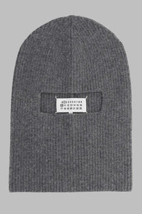Maison Margiela men’s balaclava in lana grey with a gray ribbed knit beanie and white label featuring black numbers