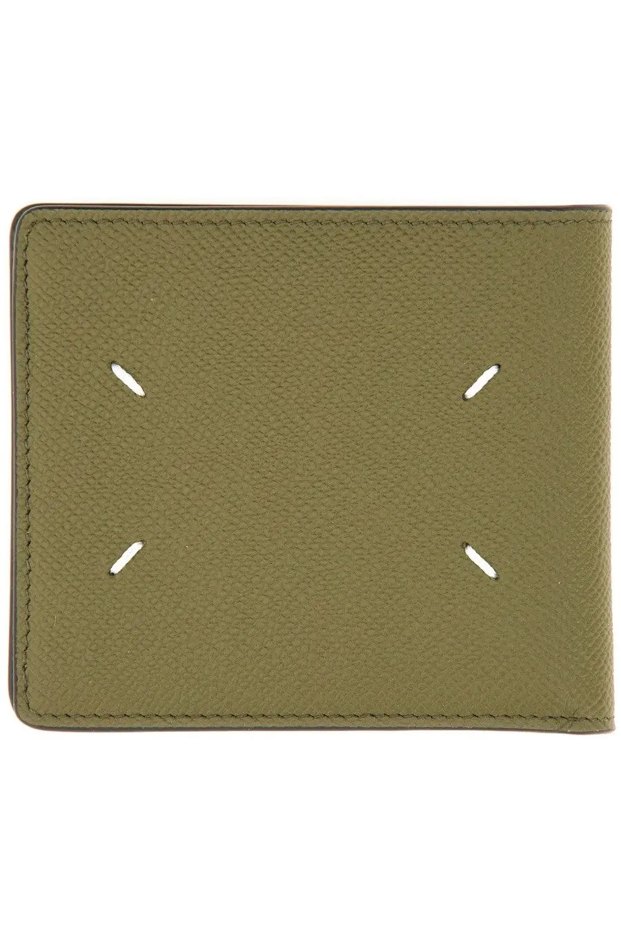 Maison Margiela men’s bi fold wallet in olive green textured leather with four white stitched cutouts cross pattern