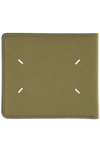 Maison Margiela men’s bi fold wallet in olive green textured leather with four white stitched cutouts cross pattern