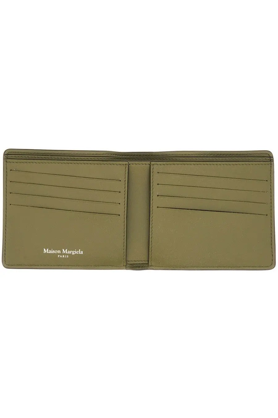 Maison margiela men’s olive green leather bi fold wallet with minimalist design and interior branding Paris