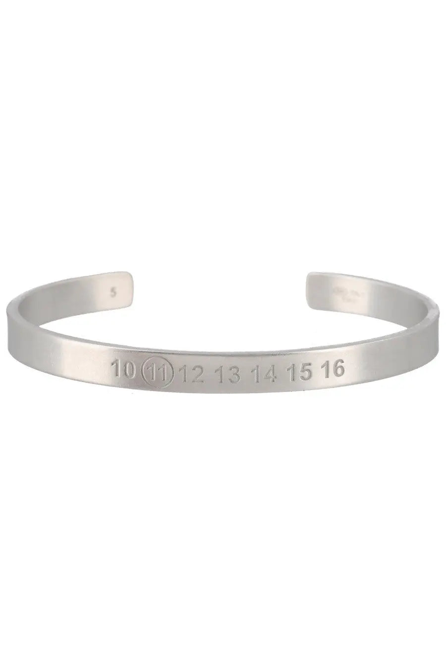 Maison Margiela men’s silver metal cuff bracelet engraved with numbers 10 to 16 featuring a circular design around 11