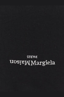 Black cotton maison margiela mens shirt with white embroidered paris maison margiela text on fabric