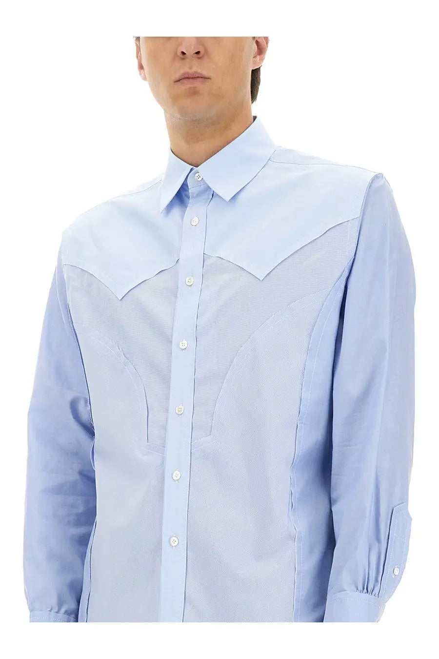Maison Margiela men’s cotton shirt blue with light blue button-down and contrasting patchwork panels on shoulders and chest