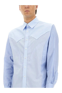 Maison Margiela men’s cotton shirt blue with light blue button-down and contrasting patchwork panels on shoulders and chest