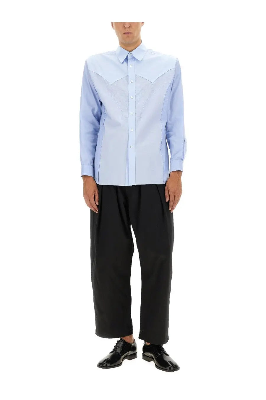 Maison Margiela men’s light blue cotton shirt with long sleeves structured collar and subtle geometric paneling