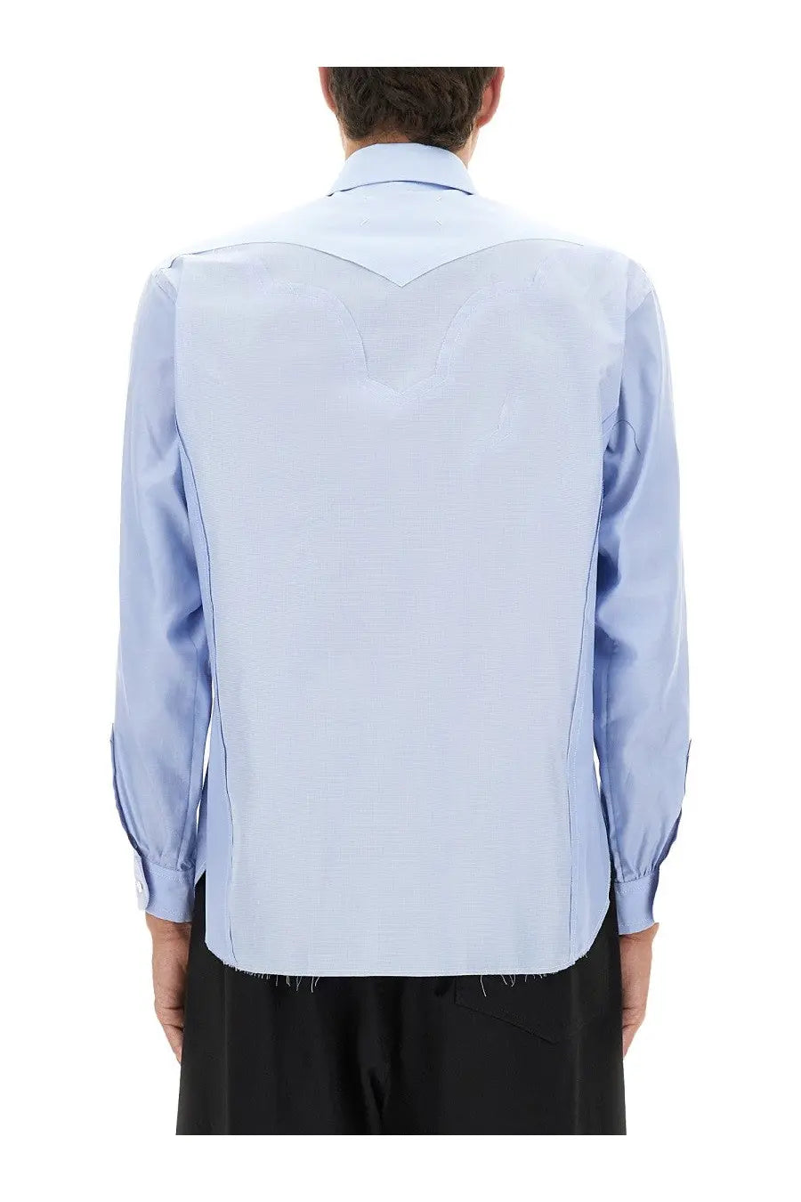 Maison Margiela men’s light blue cotton shirt with long sleeves structured back and subtle seam detailing