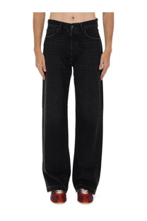 Maison Margiela men’s black high-waisted wide-leg denim jeans with straight-cut silhouette and frayed hems