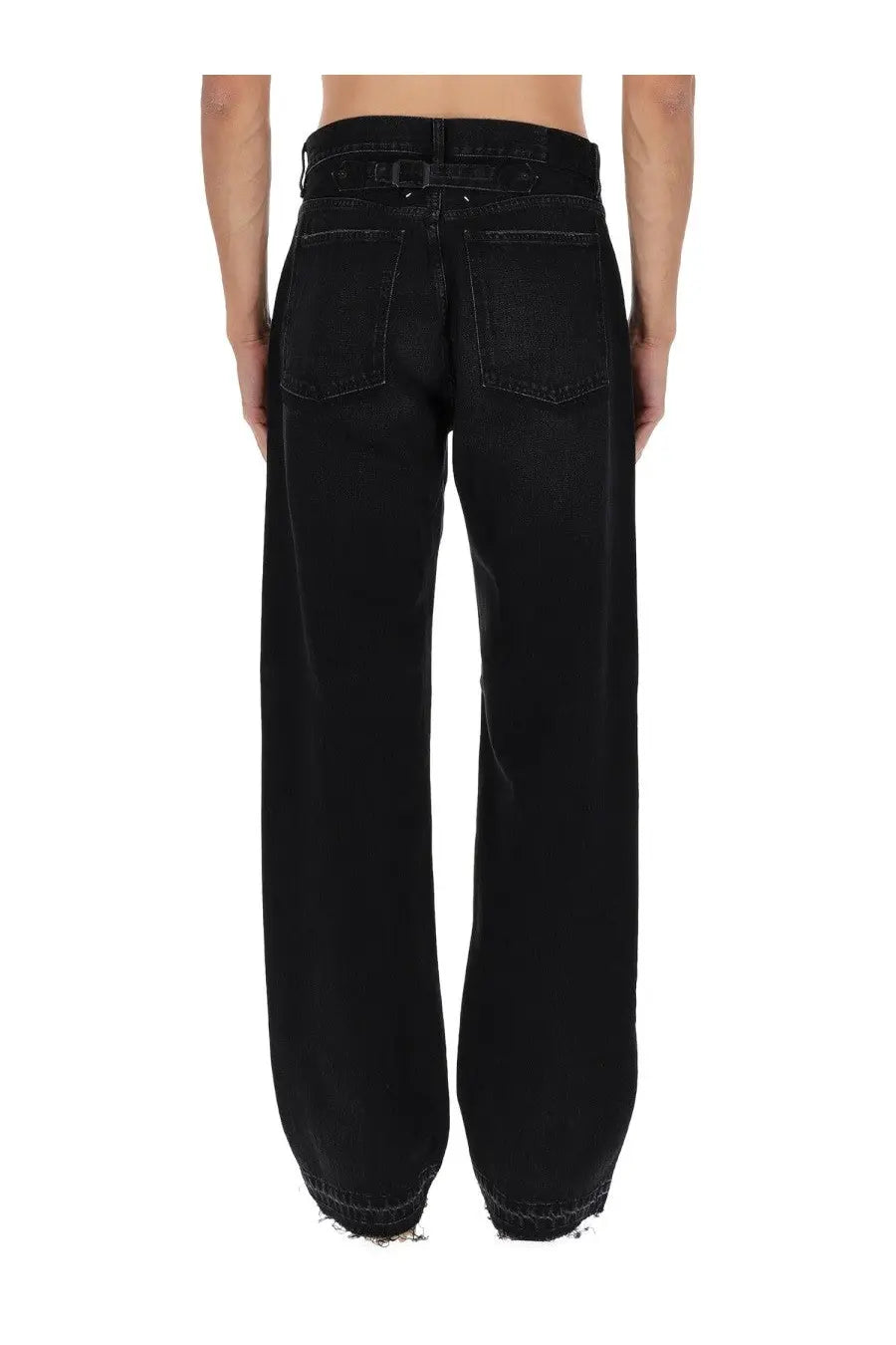 Maison Margiela men’s black high waist wide-leg denim jeans with frayed hems and five pockets front view
