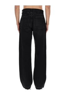 Maison Margiela men’s black high waist wide-leg denim jeans with frayed hems and five pockets front view