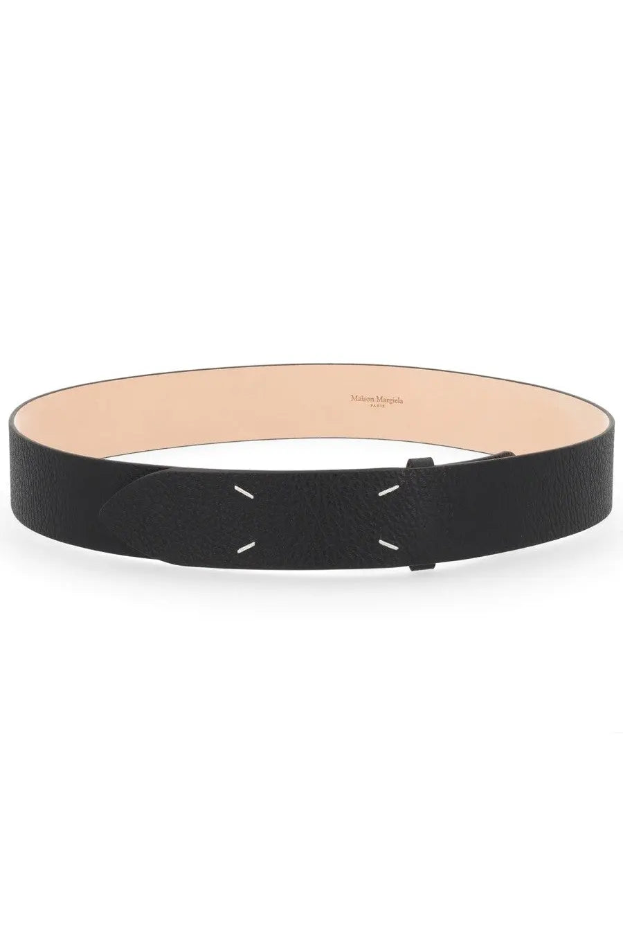 Maison Margiela men’s black leather belt with minimalist design and signature white stitching detail