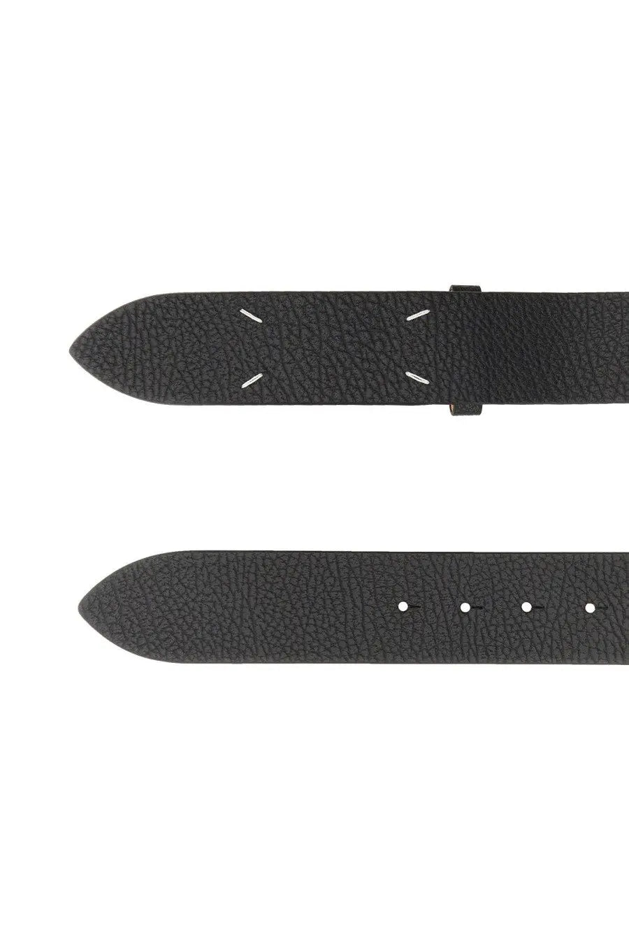 Maison Margiela men’s black leather belt with white stitching featuring a textured minimalist design