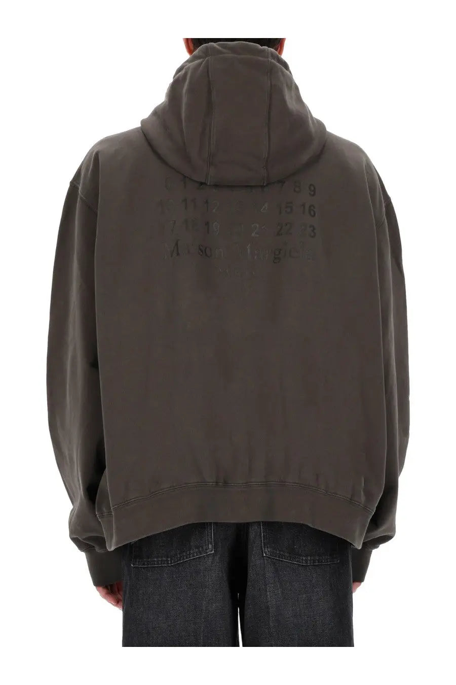 Maison Margiela men’s oversized dark olive green hoodie with hood and faded black numerical print on the back