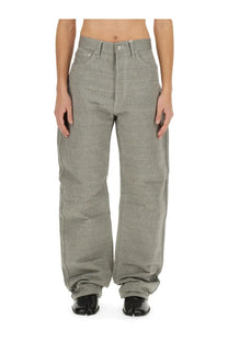 Maison Margiela men’s denim blue jeans with gray high-waisted wide-leg cut and visible stitching details