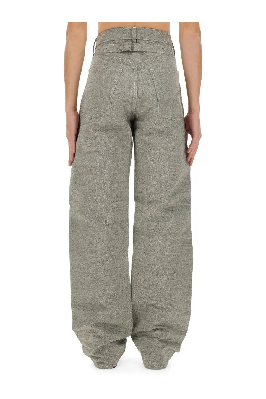 Back side of maison margiela men’s high-waisted wide-leg gray denim jeans with belted waistband and two back pockets