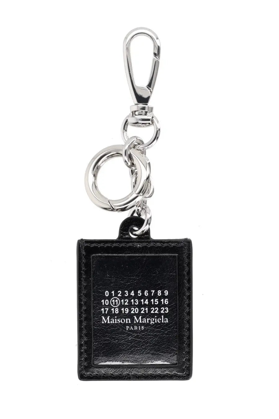 Maison Margiela men’s black leather keychain with silver metal clasp and engraved rectangular logo plaque