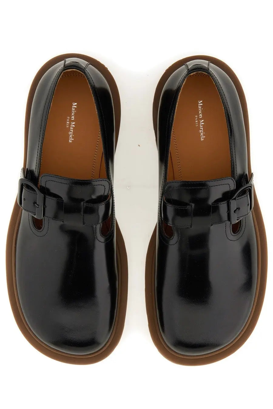 Maison Margiela men’s leather monk black patent slip-on shoes with buckle strap and brown rubber soles