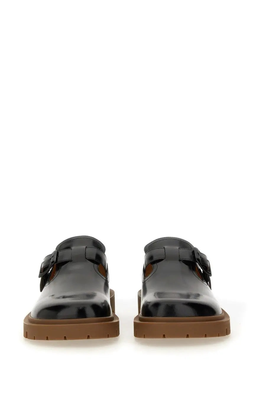 Maison Margiela men’s leather monk black patent leather t-strap mules with tan rubber sole front view