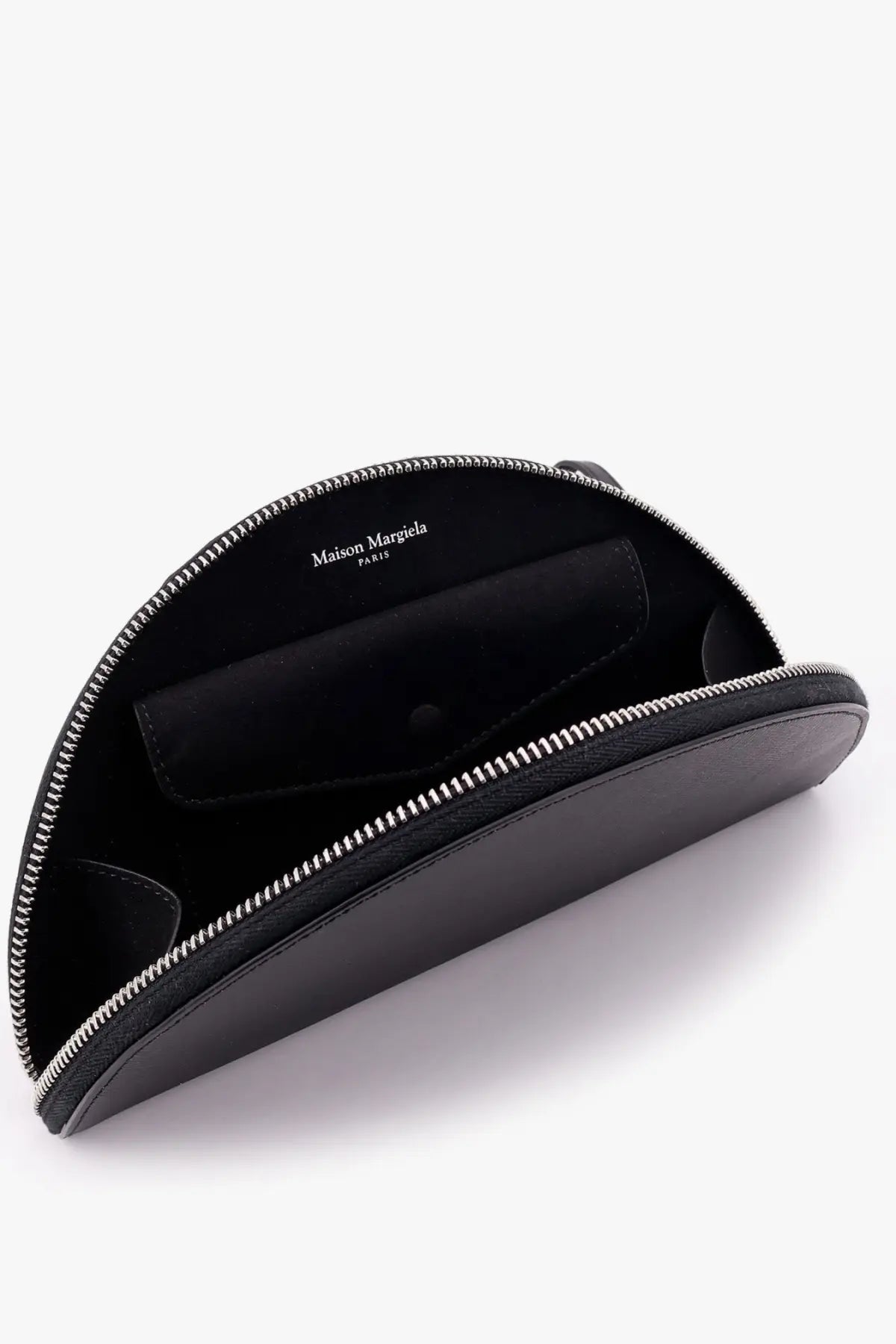 Maison Margiela men’s leather pochette black crescent-shaped pouch with silver zipper and interior branding