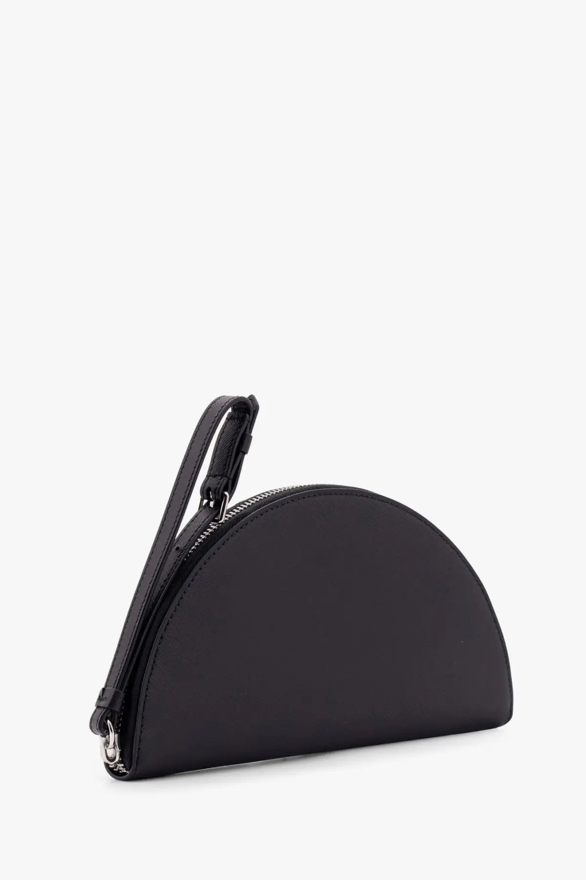 Maison Margiela men’s black leather half-moon clutch with sleek minimalist design and silver-toned zipper closure