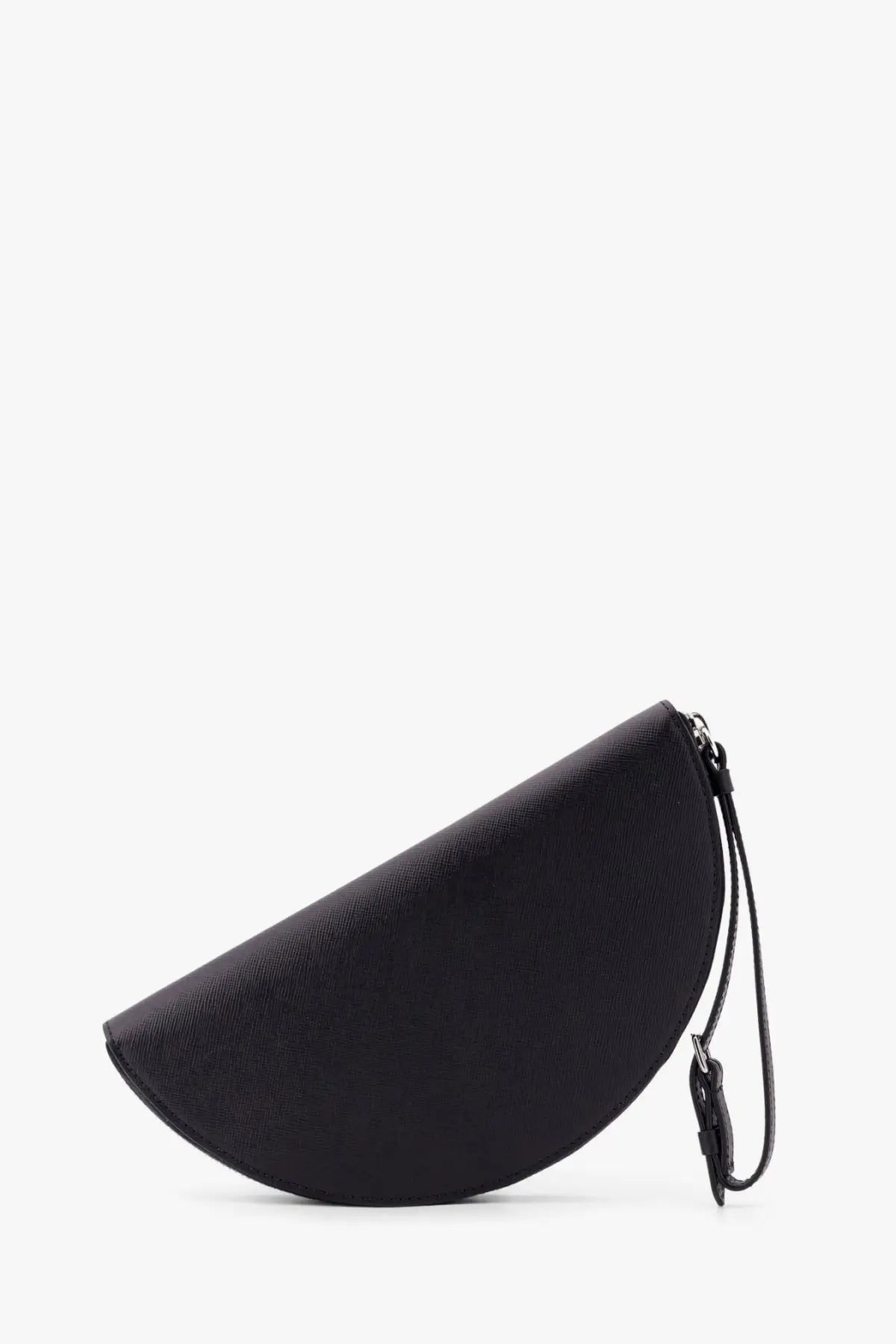 Maison Margiela men’s leather pochette black half-moon clutch with textured leather zipper closure and wrist strap